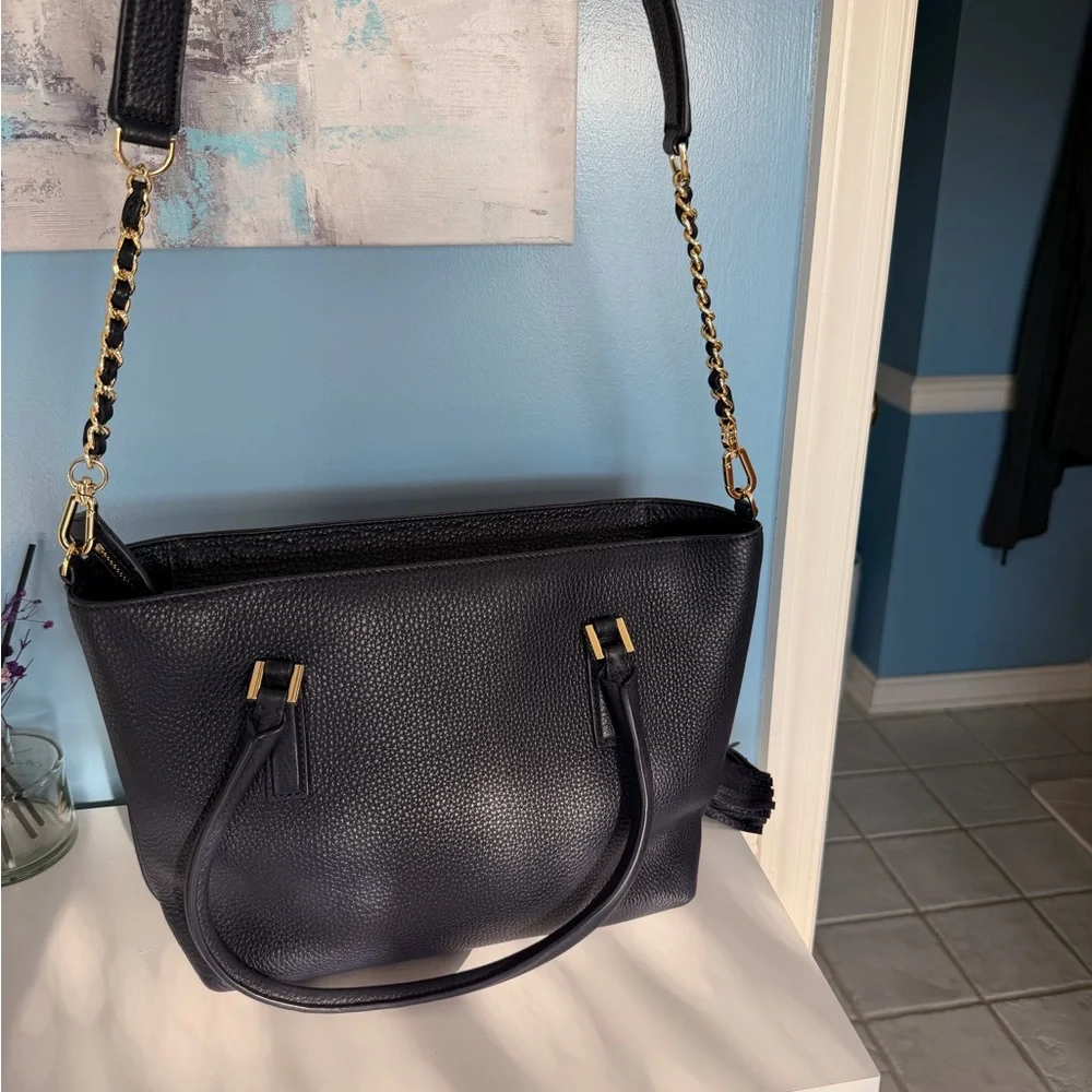 Tory Burch McGraw Small Tote Navy Pebbled Leather Gold Chain Crossbody - Picture 7 of 9